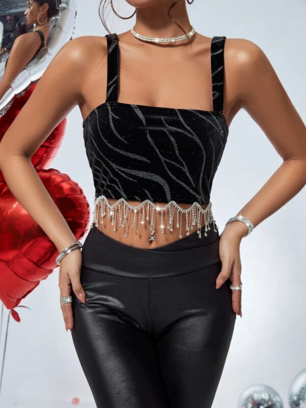 Rhinestone Fringe Hem Crop Tank Top