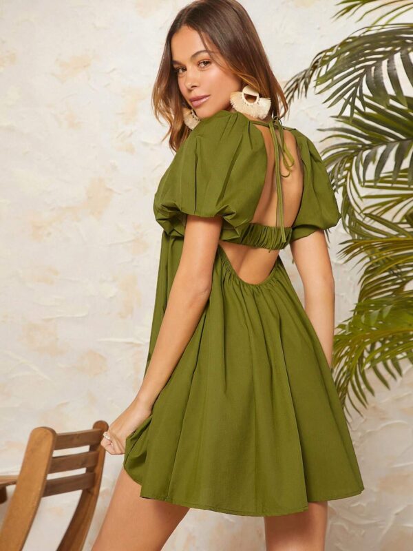 Tie Backless Puff Sleeve Dress