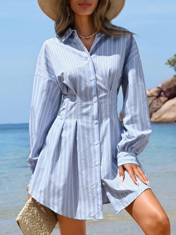 Striped Lantern Sleeve Shirt Dress In Blue And White
