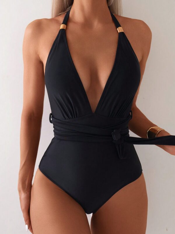 Waist Pleat Simple Fashion Backless Halter Strap Swimsuit