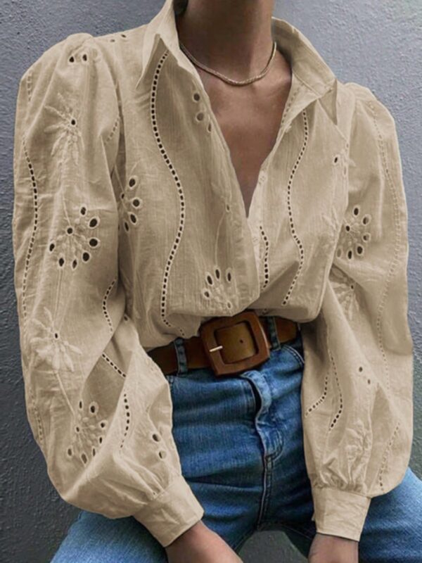 Casual Shirt With Burnt Flower Embroidery And Lantern Sleeves