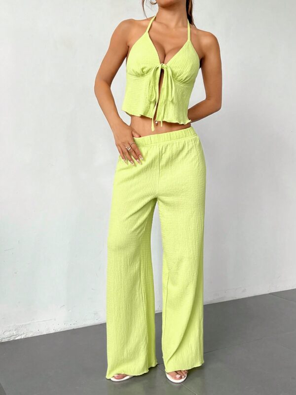 Textured Fabric Pleated Halter Top And Loose Wide Leg Pants Set