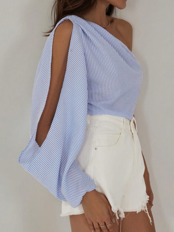 One Shoulder Lantern Sleeve Blue And White Striped Shirt