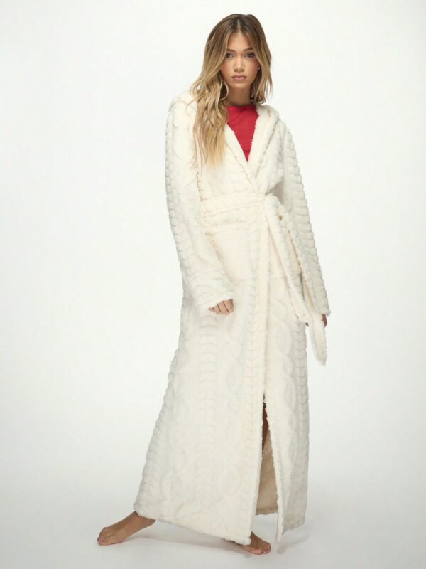Fluffy Cable Knit Hooded Long Lounge Belted Robe