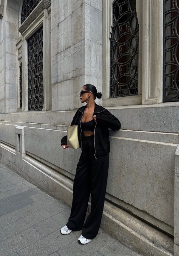 Black Casual Jacket & Sweatpants Set