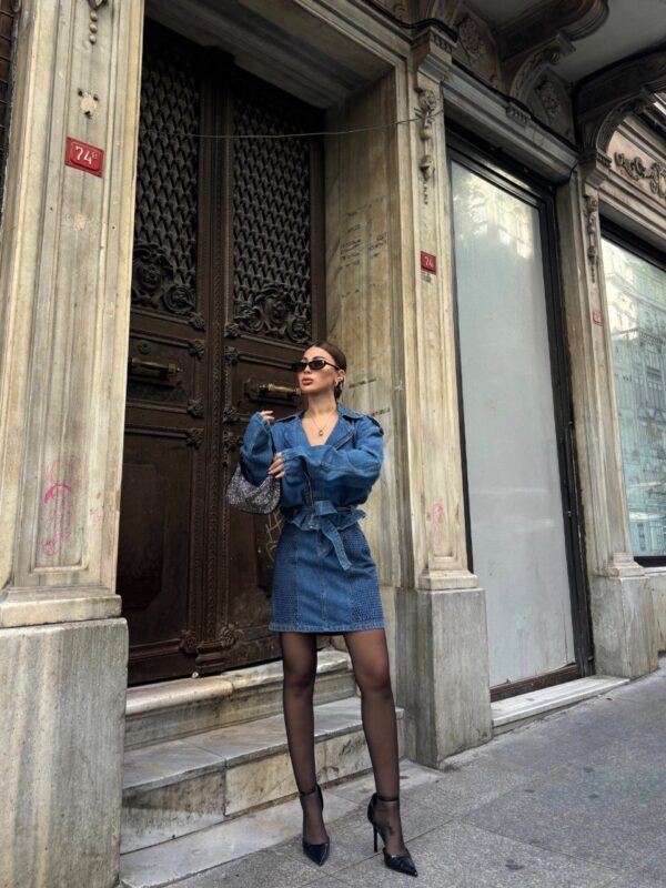 Drop Shoulder Denim Belted Jacket & Rhinestone Detailed Skirt