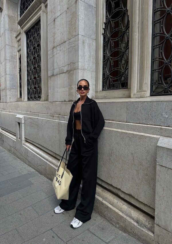 Black Casual Jacket & Sweatpants Set
