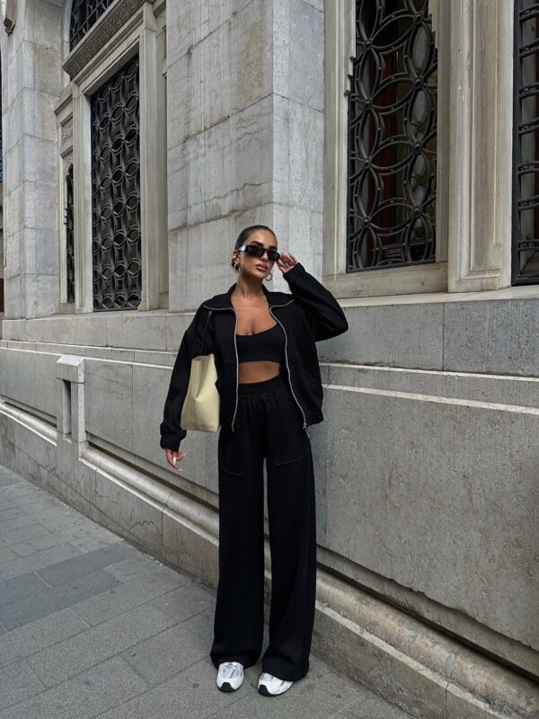Black Casual Jacket & Sweatpants Set
