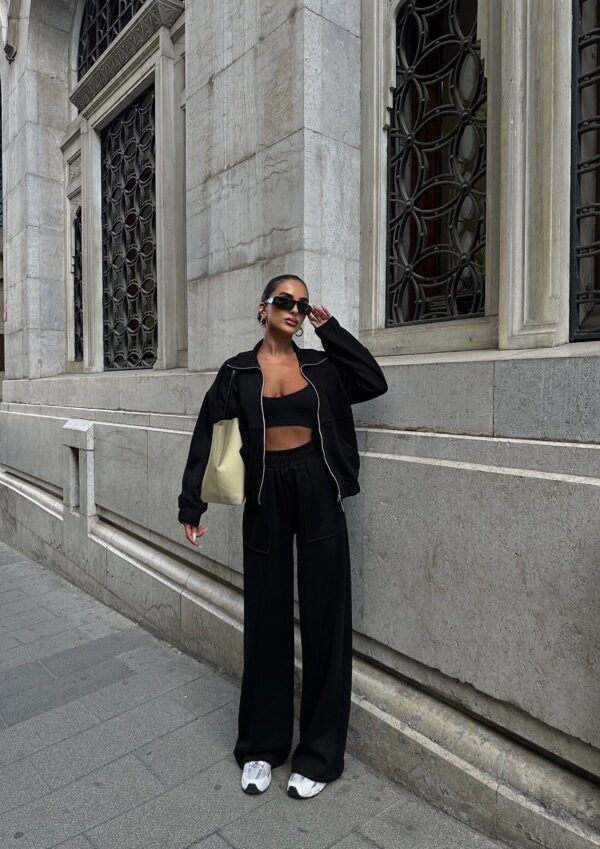 Black Casual Jacket & Sweatpants Set
