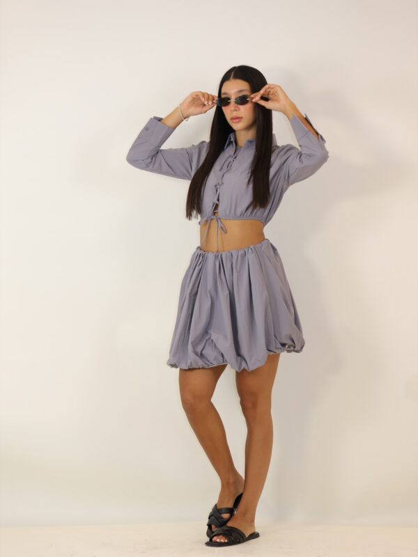 Stylish Front Tie Long Sleeve Crop Top & Bubble Skirt Set