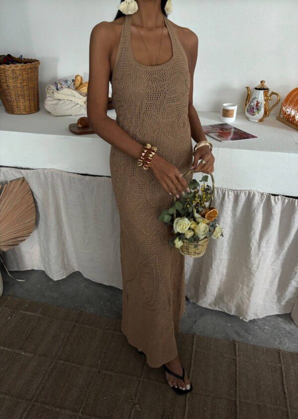 Tricot Halter Neck Open Back Long Dress
