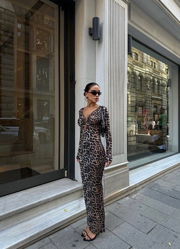 Leopard Print Maxi Bodycon Dress With Short Side Slit
