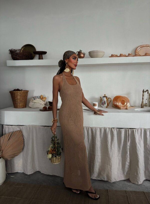 Tricot Halter Neck Open Back Long Dress