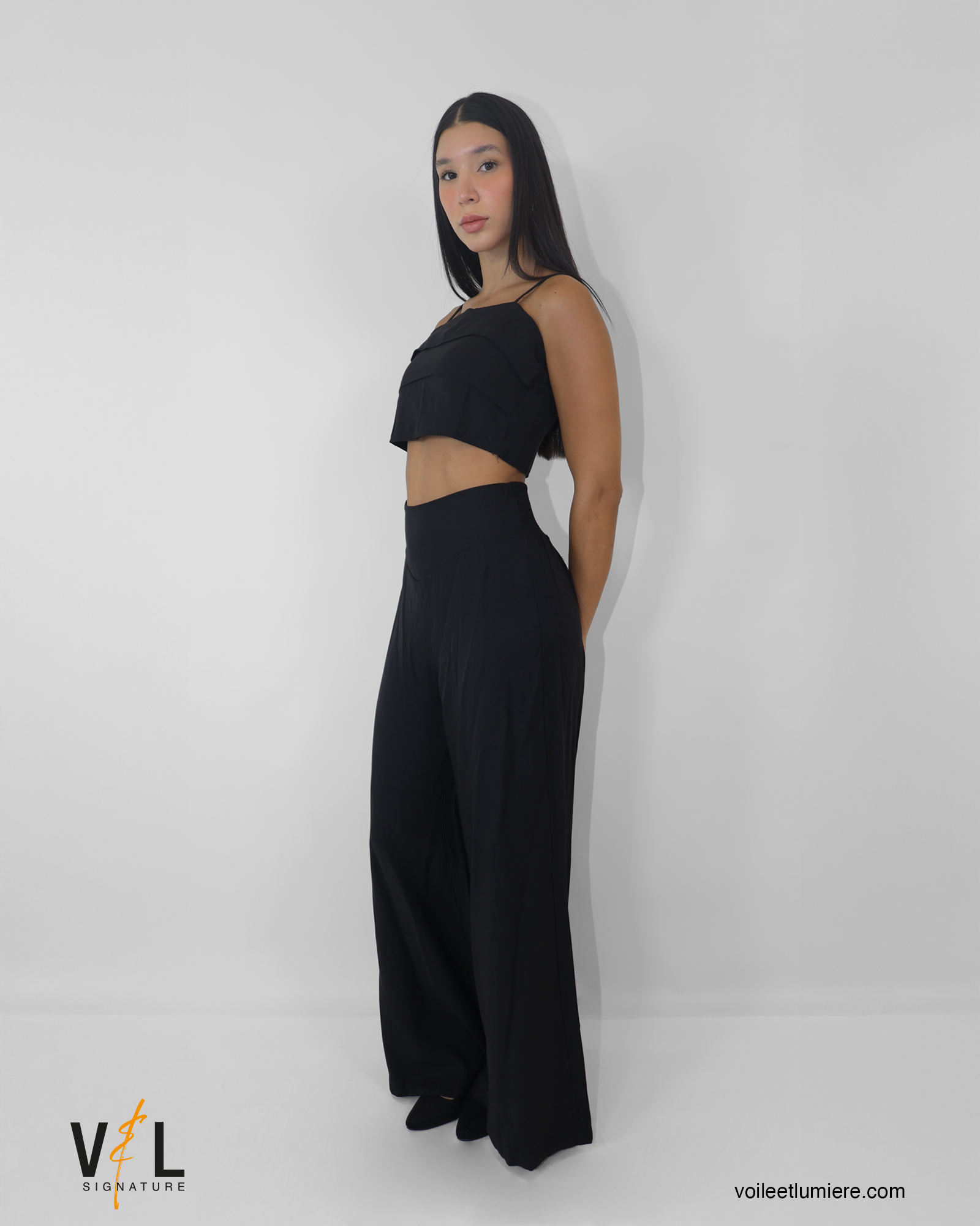 Ruffled Crop Top & High Waisted Wide Leg Pants