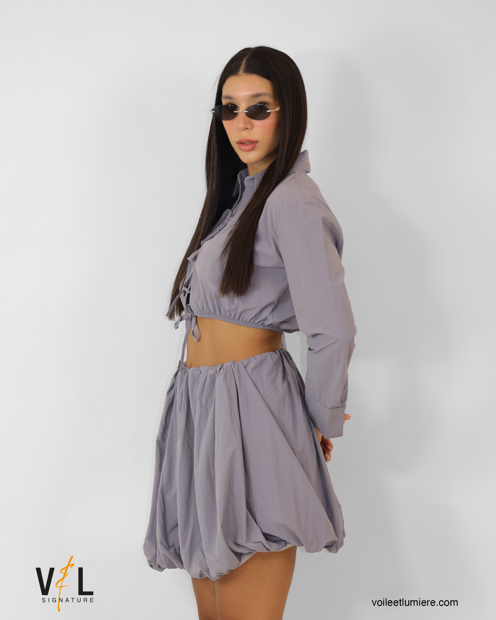 Stylish Front Tie Long Sleeve Crop Top & Bubble Skirt Set