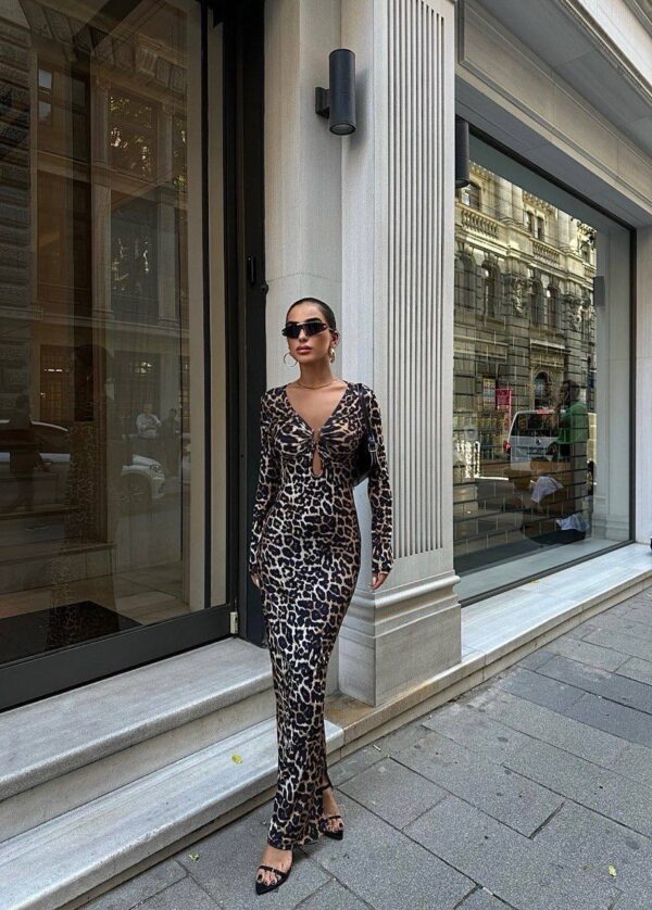 Leopard Print Maxi Bodycon Dress With Short Side Slit