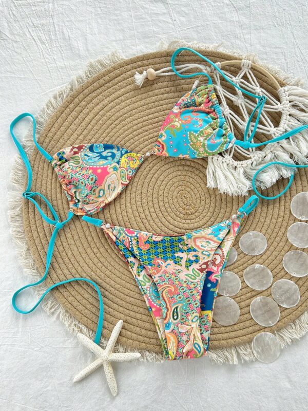 2pcs Beach Vacation Paisley Pearl Decor High Cut Bikini Set