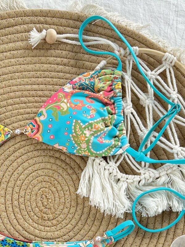 2pcs Beach Vacation Paisley Pearl Decor High Cut Bikini Set