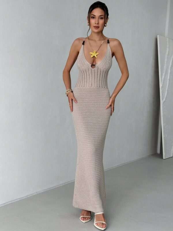 Crochet Deep V-Neck Long Tight Backless Tie Wrap Knitted Dress