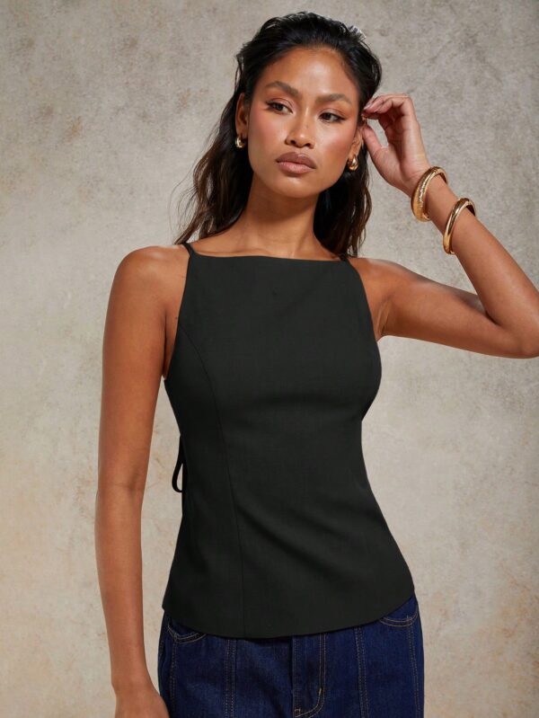 Solid Color Lace-Up Backless Sleeveless Crop Top