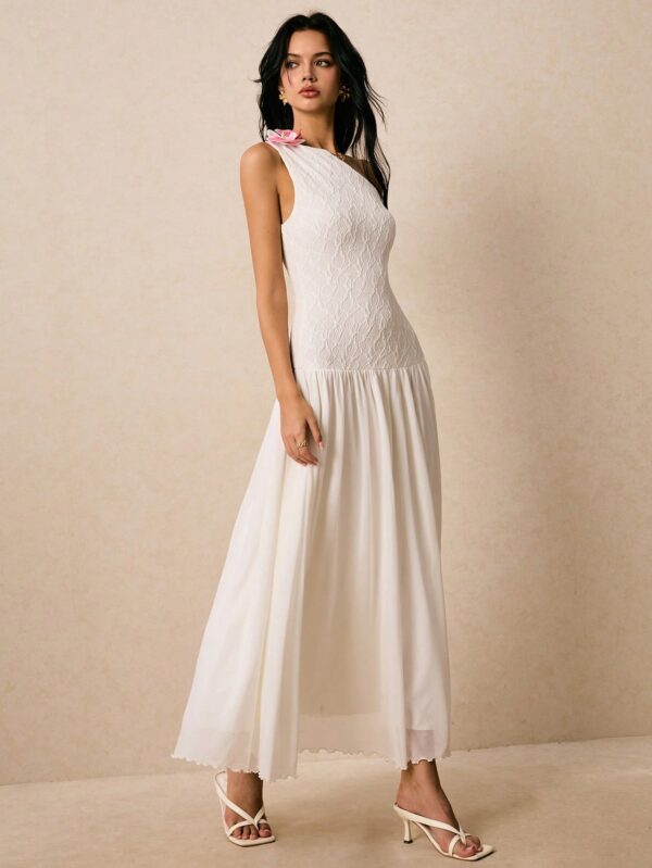 One Shoulder Lace White Sleeveless Dress