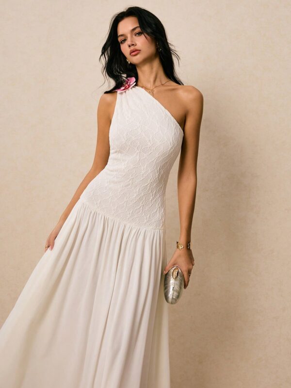 One Shoulder Lace White Sleeveless Dress