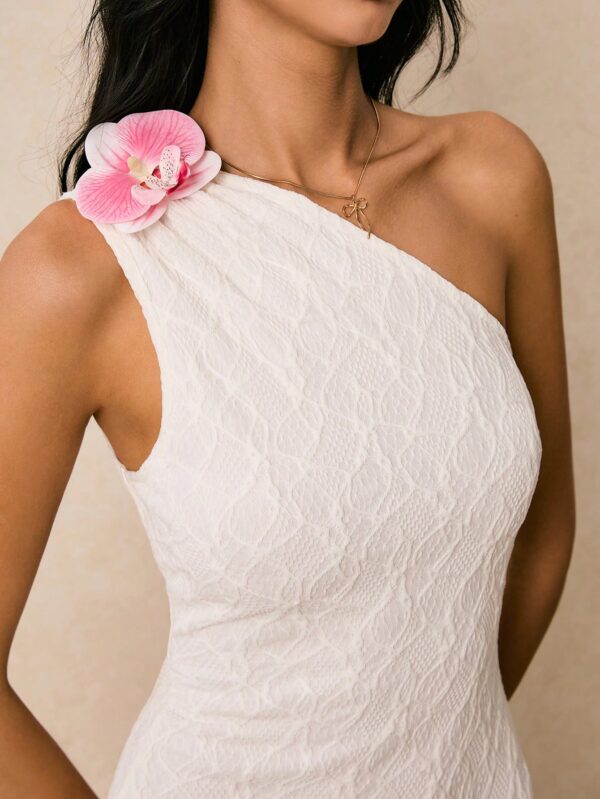 One Shoulder Lace White Sleeveless Dress