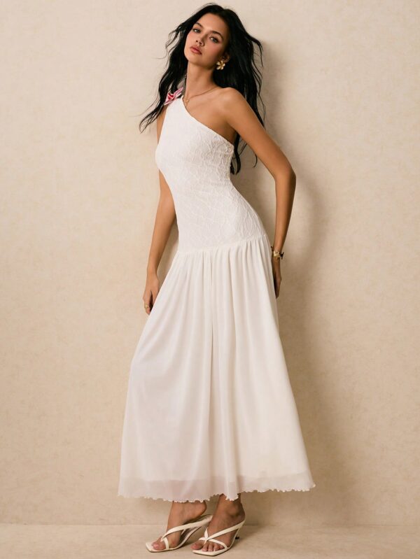 One Shoulder Lace White Sleeveless Dress