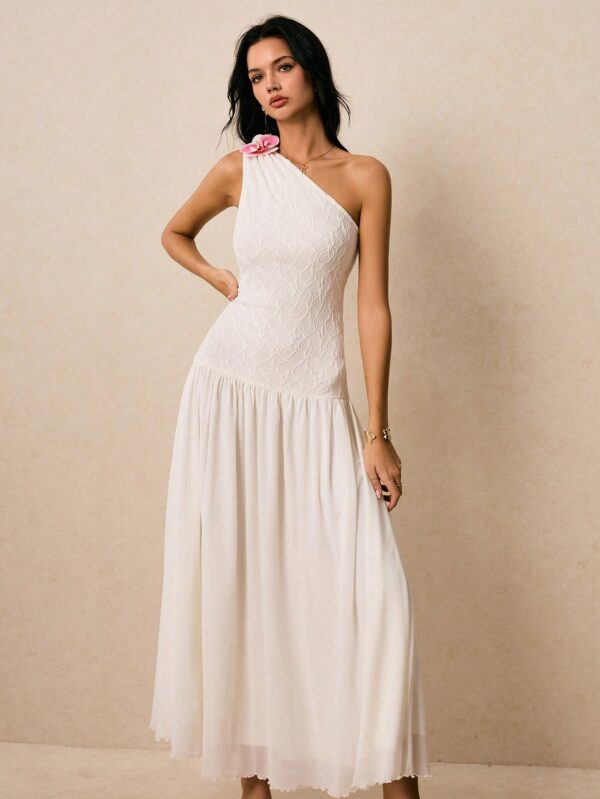 One Shoulder Lace White Sleeveless Dress