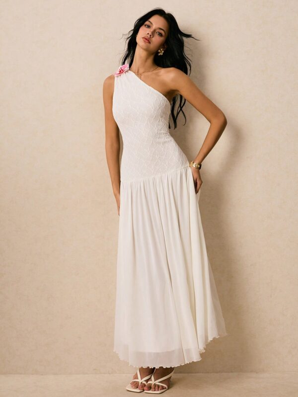 One Shoulder Lace White Sleeveless Dress