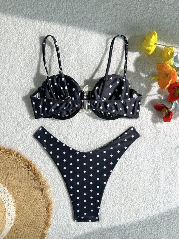 Polka Dot Print Underwired Adjustable Strap Floral Decor Top And Swim Bottoms