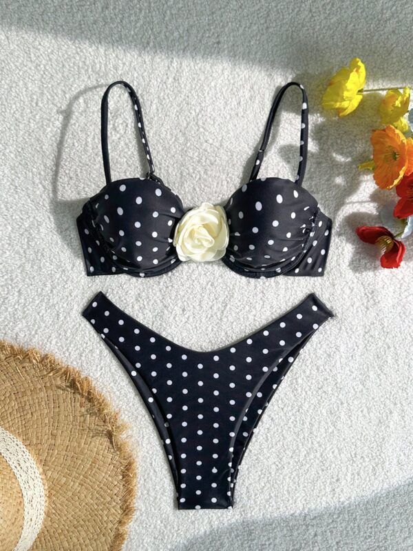 Polka Dot Print Underwired Adjustable Strap Floral Decor Top And Swim Bottoms
