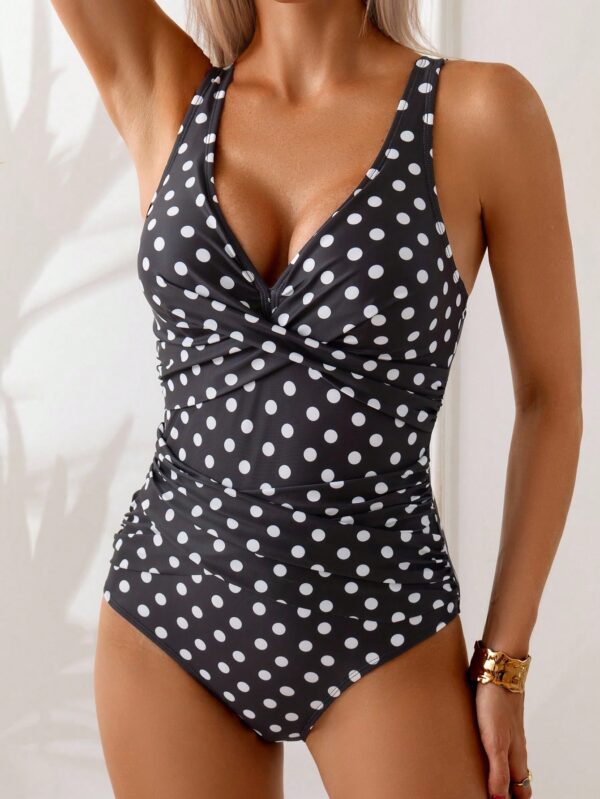 1pc Polka Dot Print Crossed Design One-Piece Swimsuit