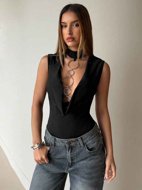 Sexy Metal Chain Halter Black Bodysuit