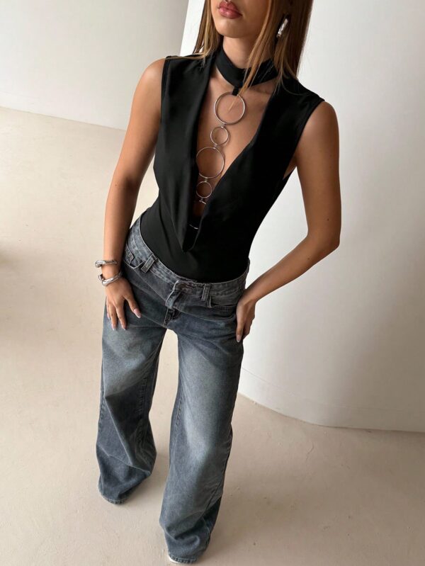 Sexy Metal Chain Halter Black Bodysuit