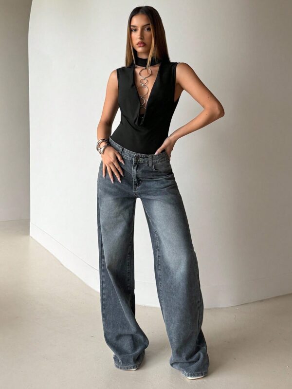 Sexy Metal Chain Halter Black Bodysuit