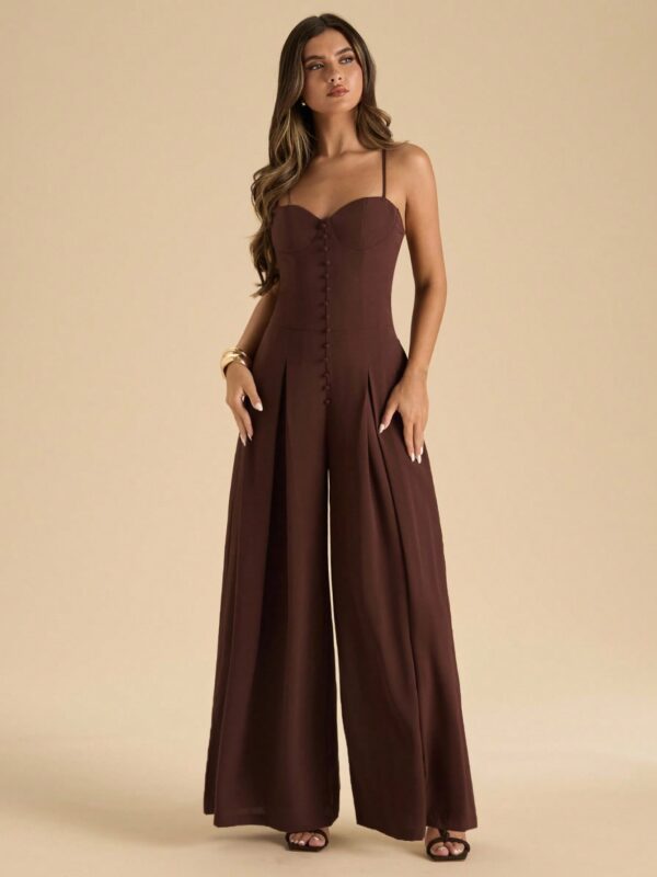 Solid Color Spaghetti Strap Wide Leg Elegant Jumpsui