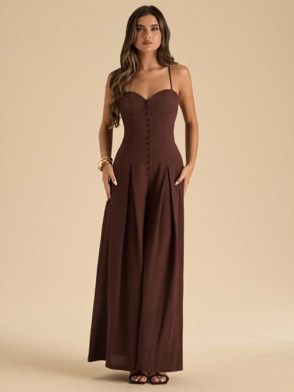 Solid Color Spaghetti Strap Wide Leg Elegant Jumpsui
