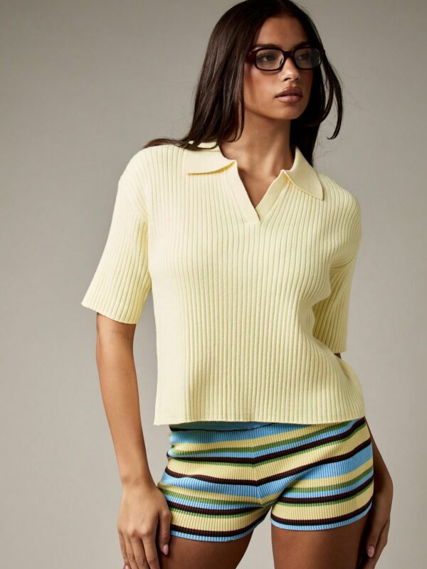 Ribbed Knit Polo Sweater Short Sleeve