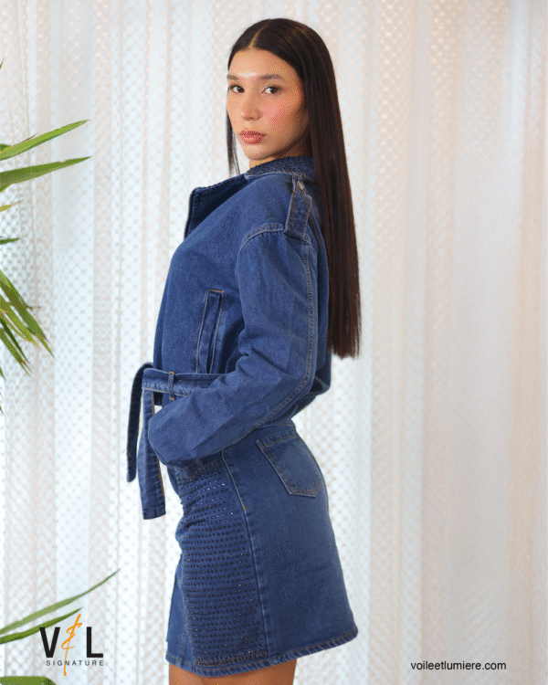 Drop Shoulder Denim Belted Jacket & Rhinestone Detailed Skirt