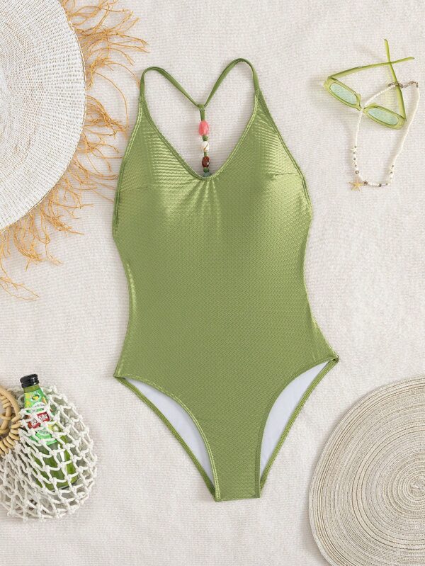 Backless Beaded Textured Fabric Swimsuit