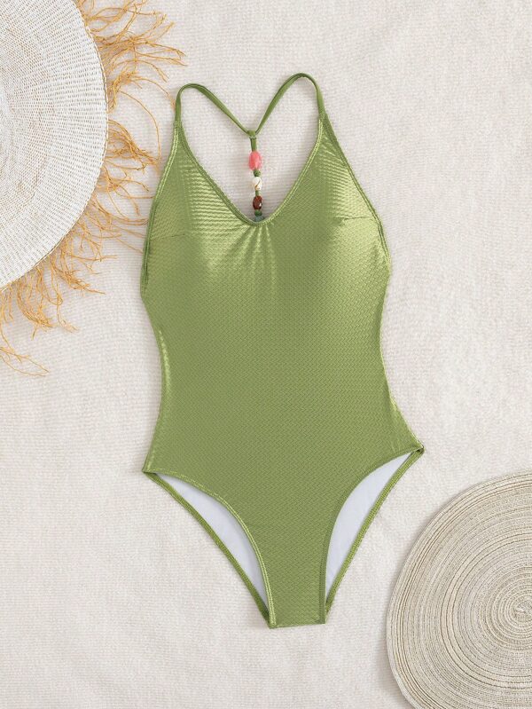 Backless Beaded Textured Fabric Swimsuit