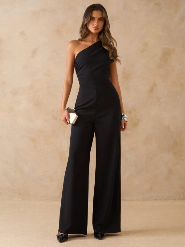 Asymmetric Shoulder Fitted Wide Leg Jumpsuit