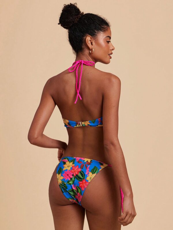 Tropical Print Halter Tie Front Bikini Swimsuit Set