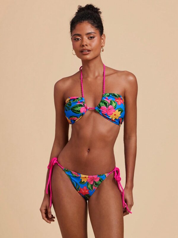 Tropical Print Halter Tie Front Bikini Swimsuit Set