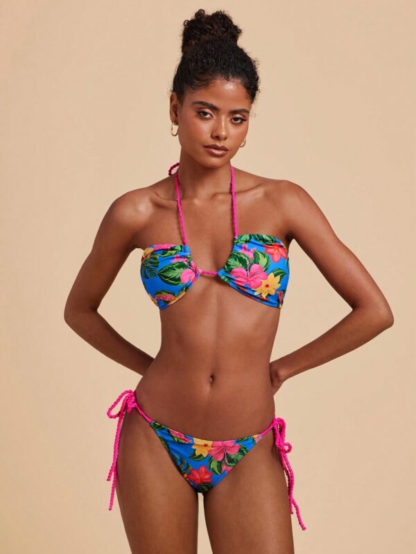 Tropical Print Halter Tie Front Bikini Swimsuit Set