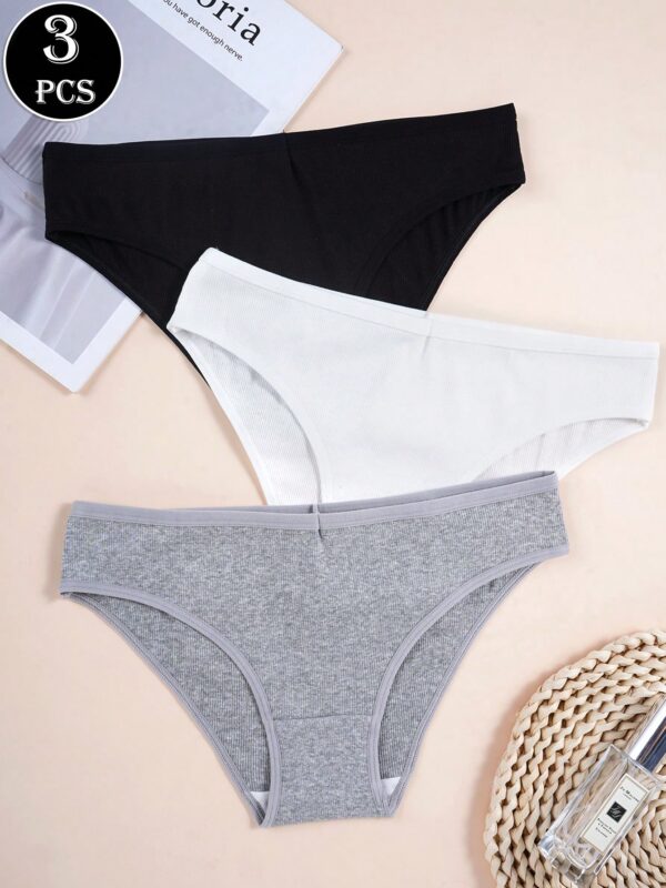 3pcs Panties Solid Ribbed Knit Briefs