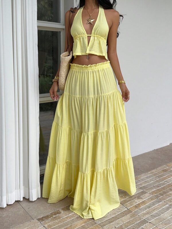 Linen Halter Camisole And Low Waist Maxi Skirt Set