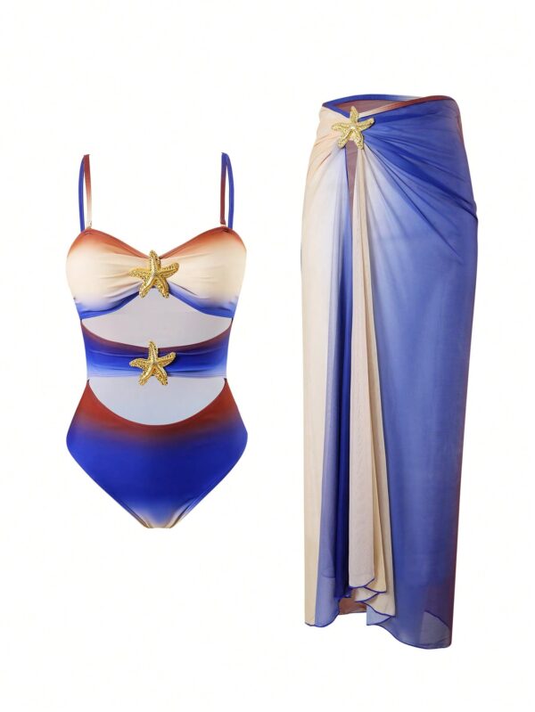 2pc Ombre Print Metal Starfish Strap Hollow Twist Slit Mesh Swimsuit Set
