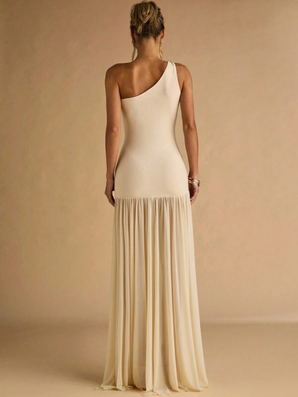 Semi Sheer Asymmetric Shoulder Bodycon Dress